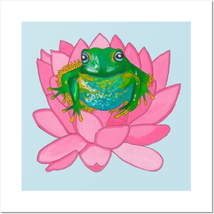 Green frog on pink flower Posters and Art